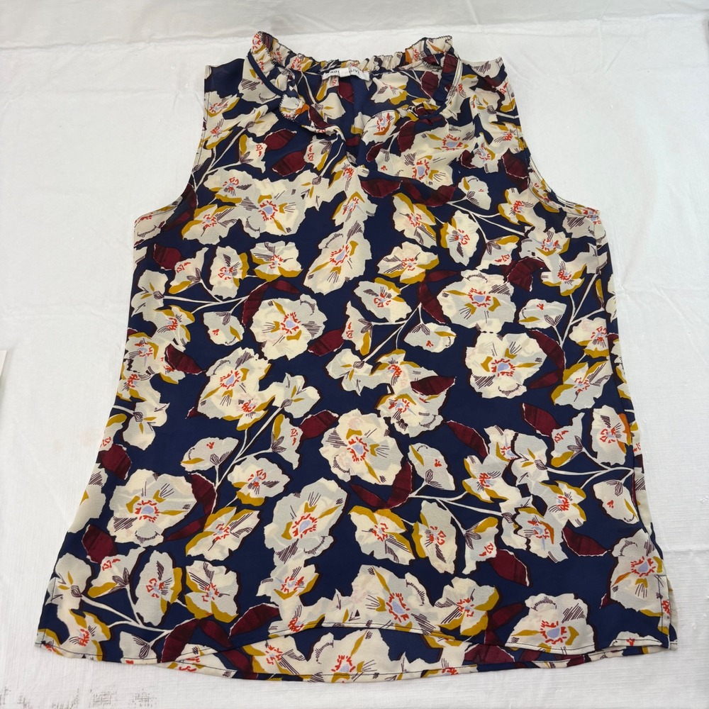 Rose + Olive Navy Blue Floral Ruffle Neck Sleeveless Blouse Top Large